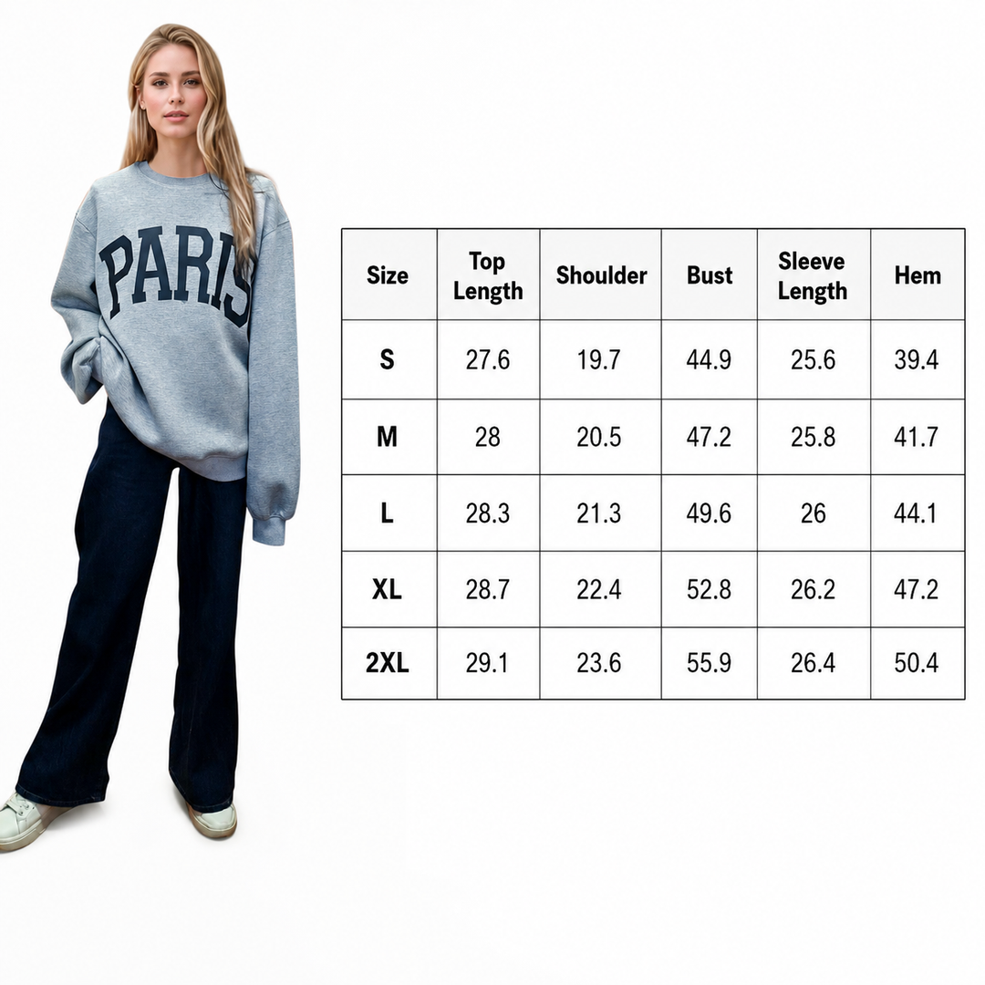 A woman modeling a light blue sweatshirt with &