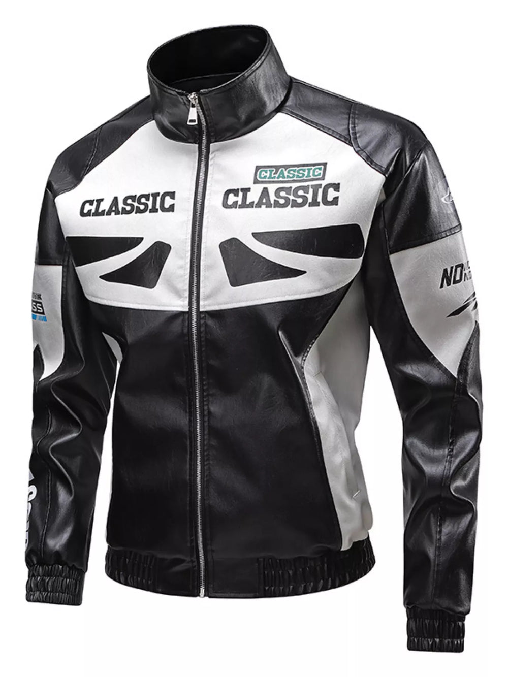 Zippered pockets on plus size biker jacket front view showing secure storage for essentials.