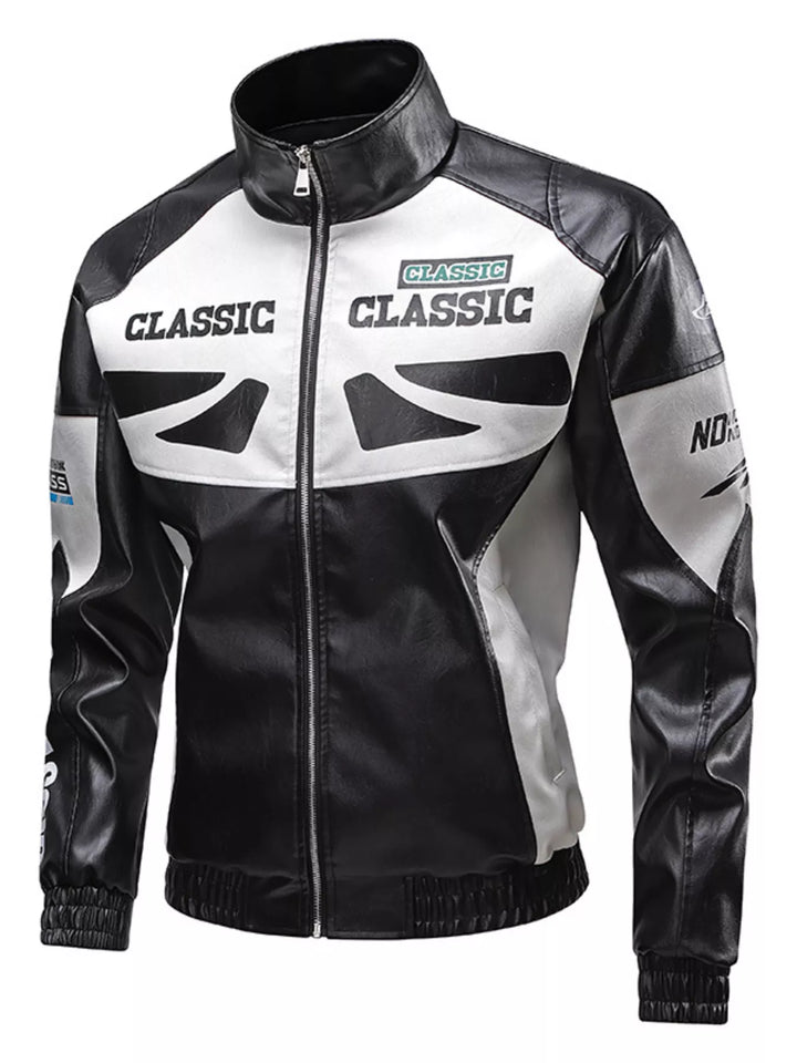 Zippered pockets on plus size biker jacket front view showing secure storage for essentials.