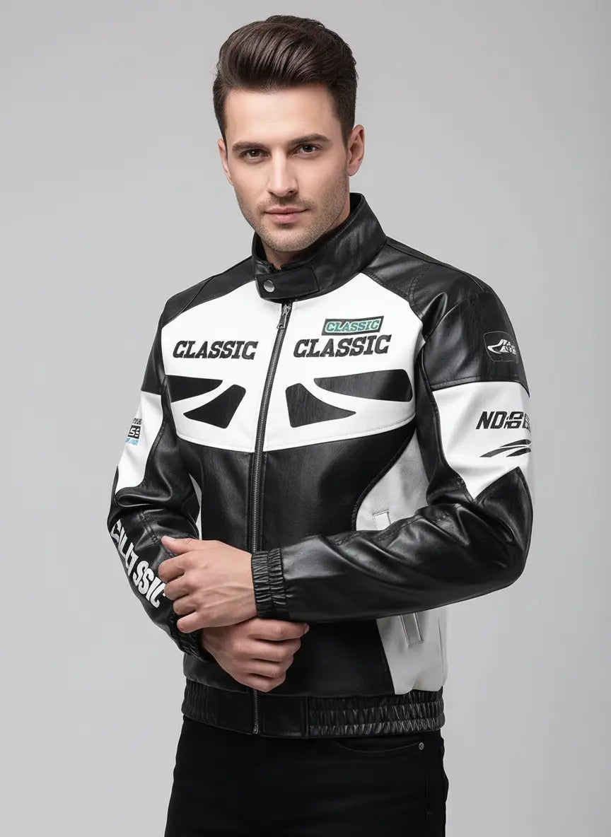 Men's plus size leather moto jacket with stand collar in black faux leather for urban biking.
