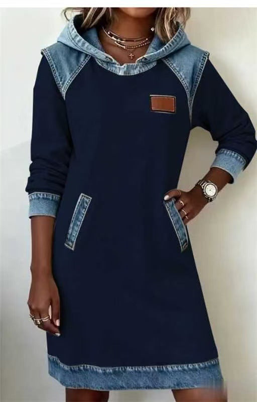 Denim Color Matching Ladies Hoodie Skirt Set Style Elite