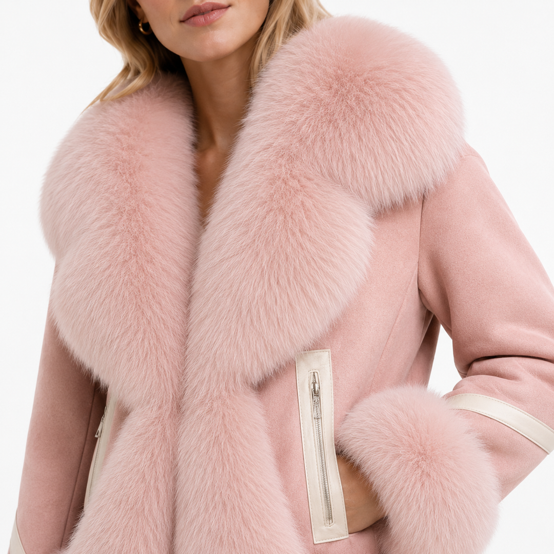 Pink faux fur coat for women with plush artificial fur, 3-D surface detail, conventional sleeves, and tailored winter styles.
