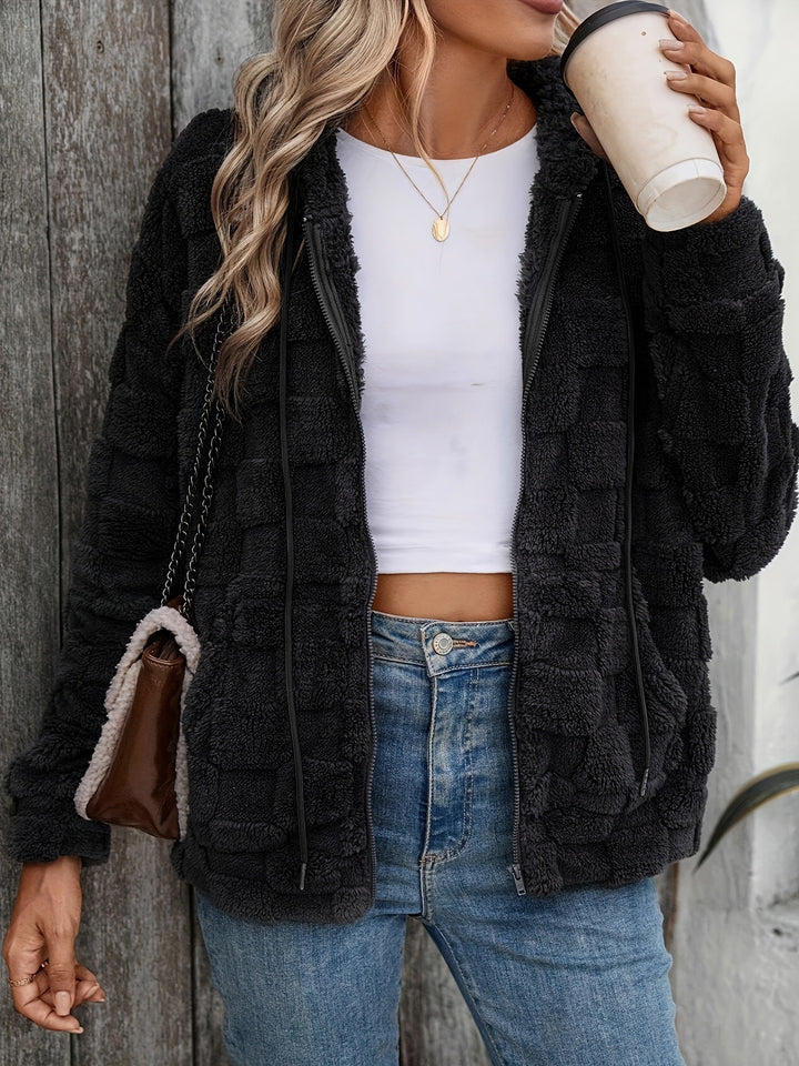 Casual hooded zip-up jacket shown on a professional model with regular fit, long sleeves and brushed polyester finish styling