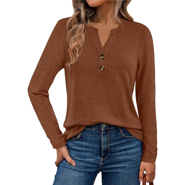 Womens everyday V neck top with relaxed fit and button detail, styled for comfortable daily casual outfits