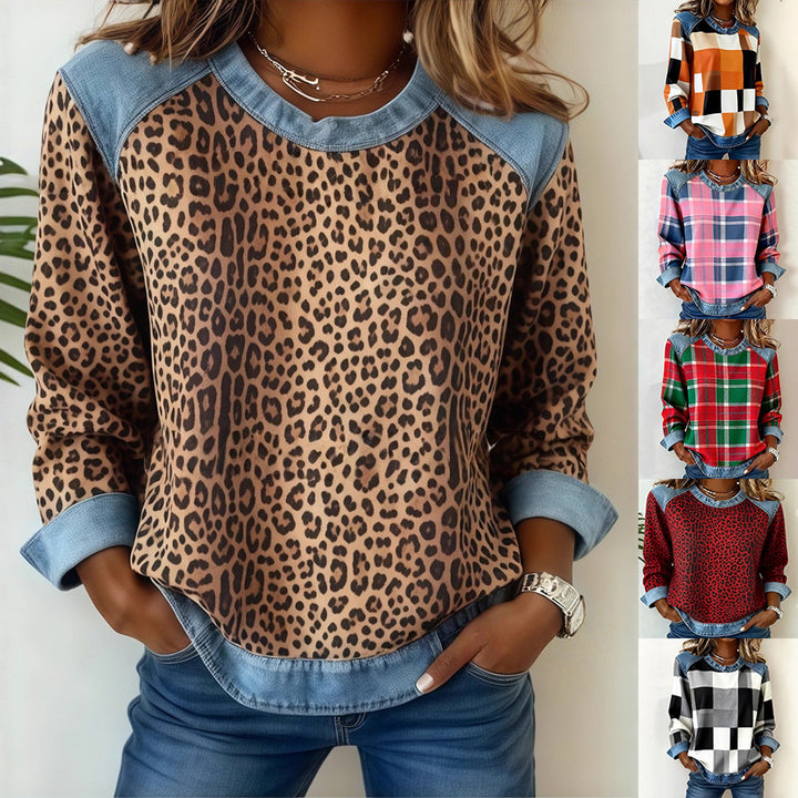 denim patchwork sweatshirt women street style inspiration