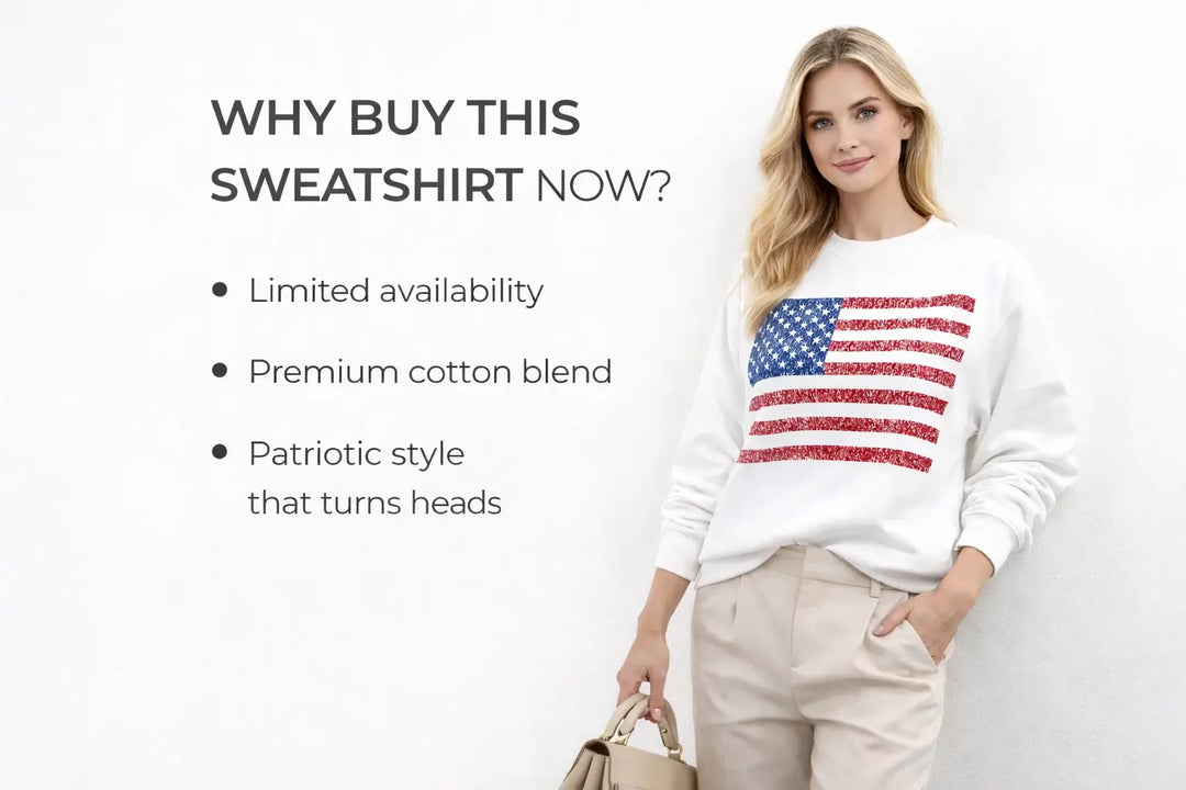Women’s American Flag Sweatshirt soft fabric texture close up premium finish