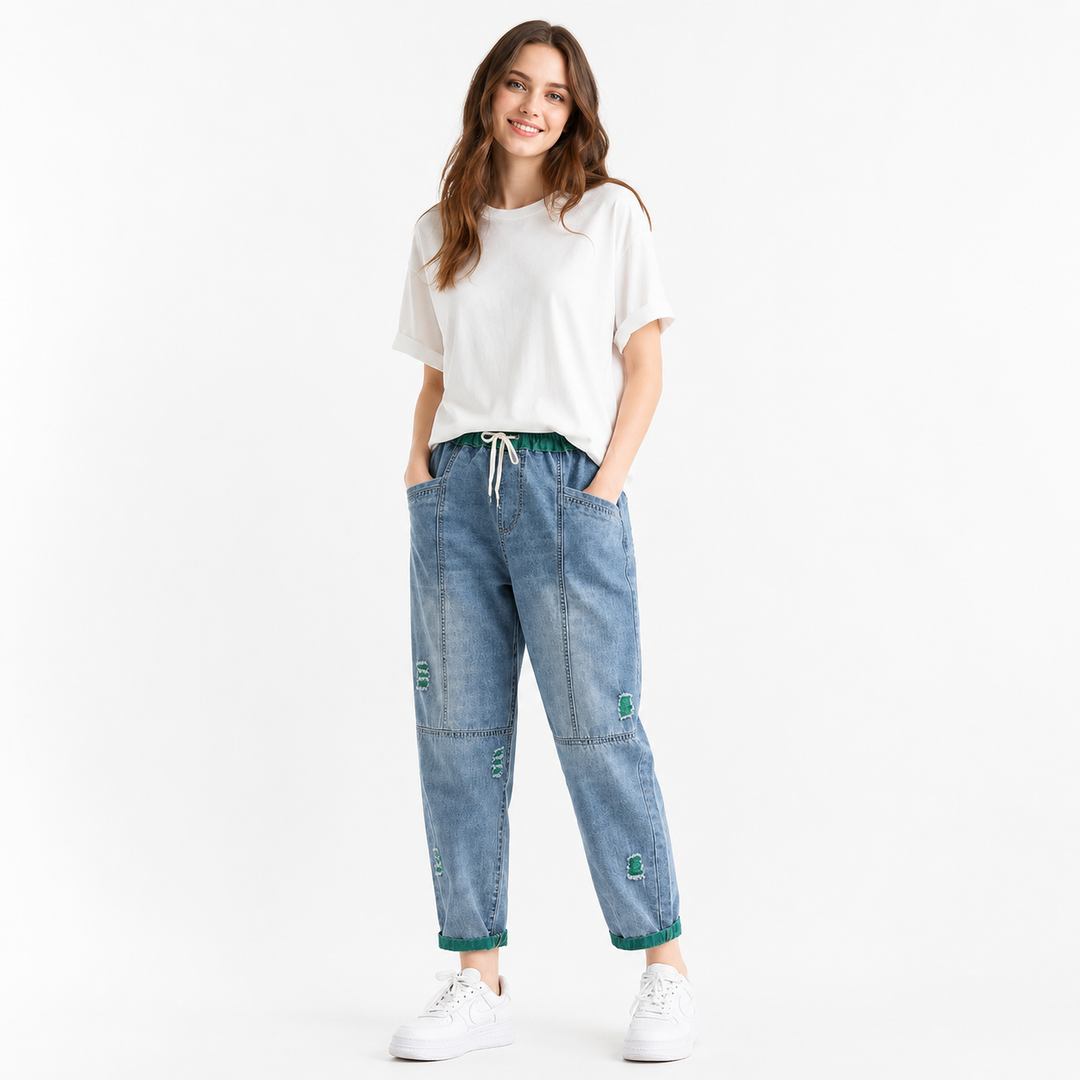 Ripped Jeans for Women Green Orange Cropped Denim Pants