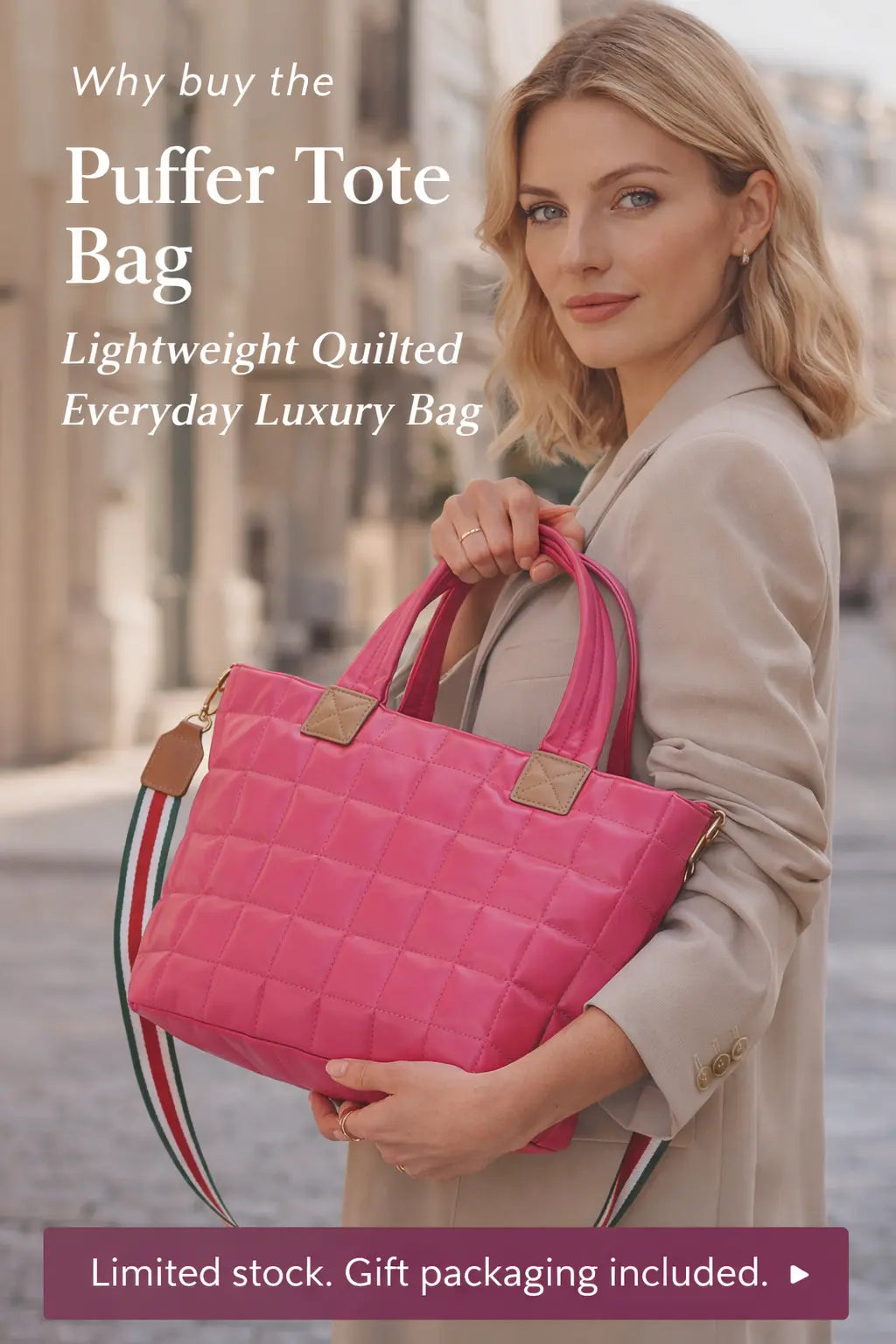 women puffer handbag rose zipper top detail refined finish