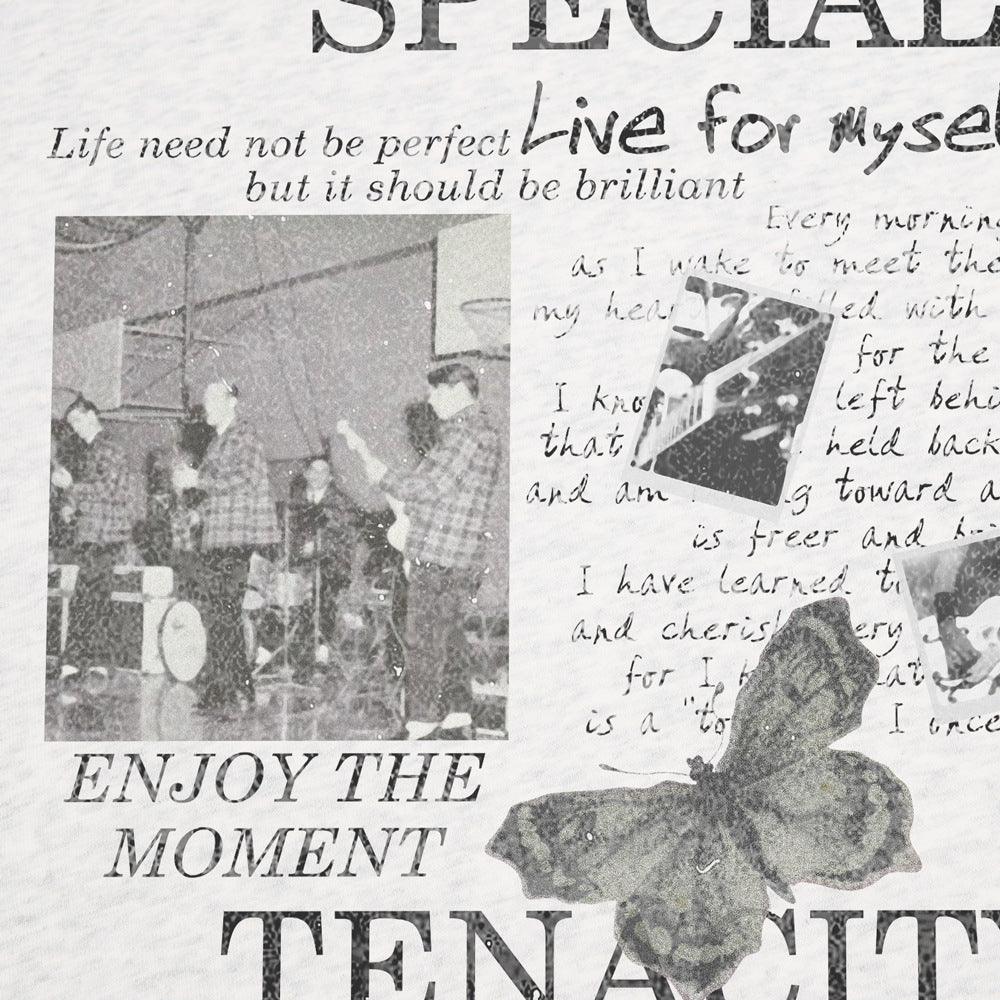 Close-up of the front collage print showing band photograph, handwritten lettering, a butterfly and ENJOY THE MOMENT wording.