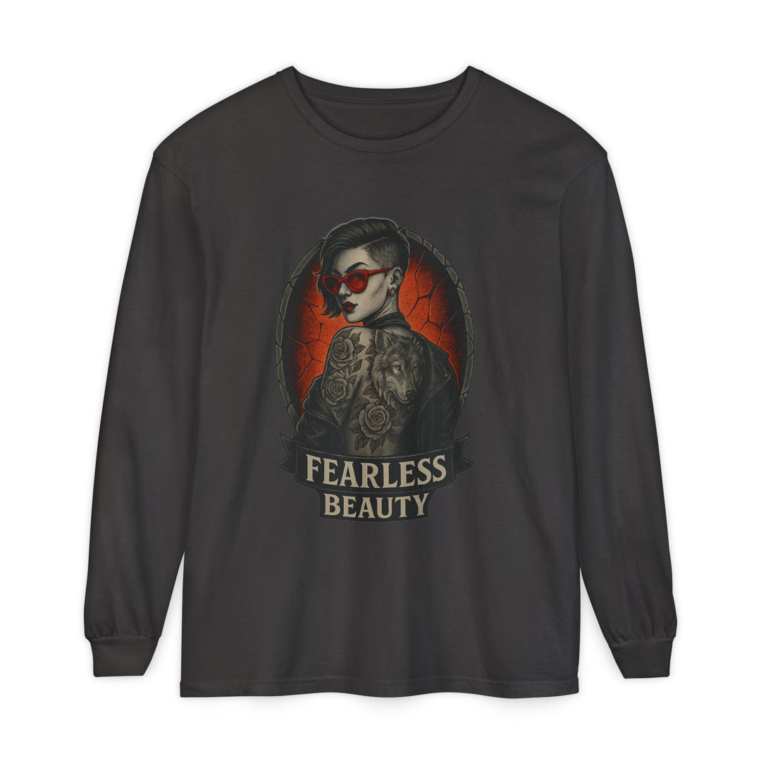 Overhead view of long sleeve shirt with vintage artwork, rib cuffs, and crew neck finish