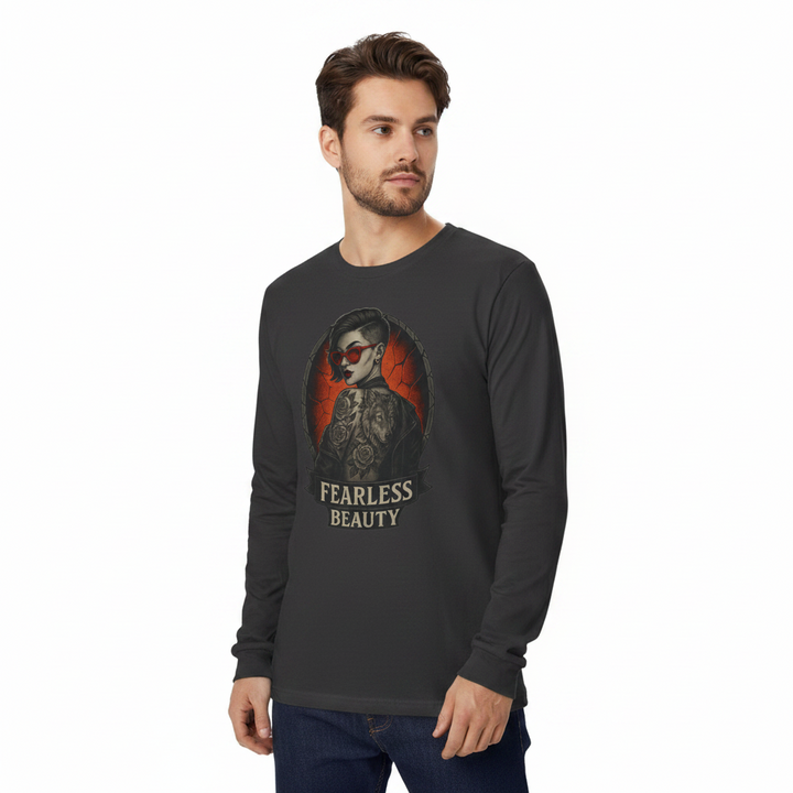Model wearing a Fearless Beauty long sleeve graphic tee with relaxed sleeves and vintage streetwear mood