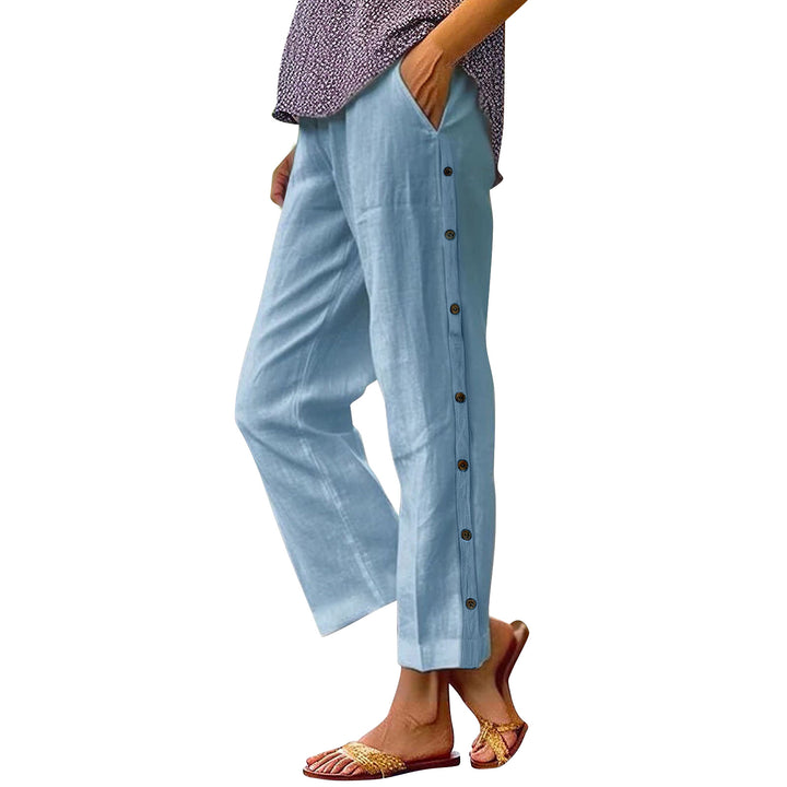 Light blue pants with buttons on a white background