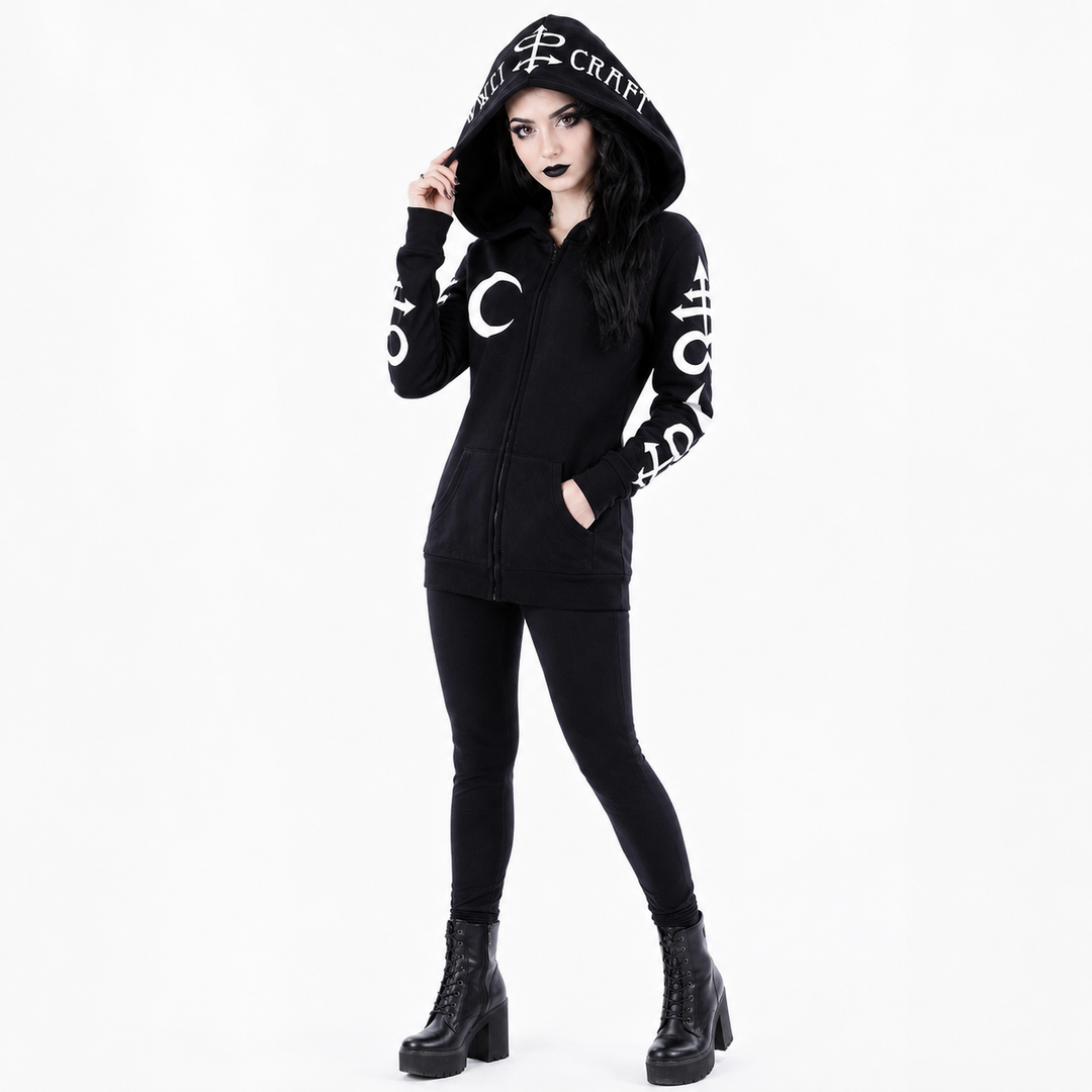 Gothic moon print hoodie for women with an oversized hood, front pockets and a slim longline shape for everyday punk styling.