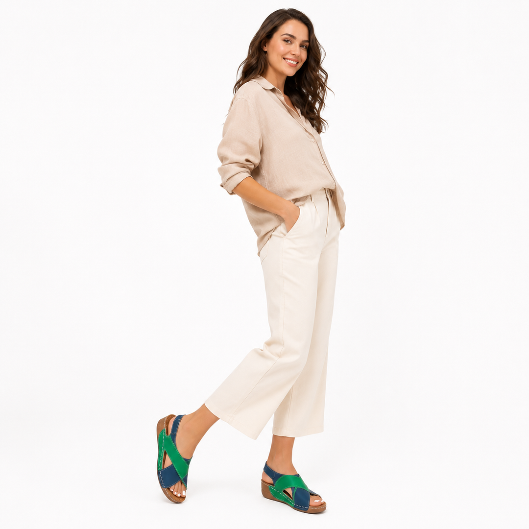 Colorblock platform sandals styled for casual dresses and jeans