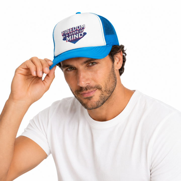 Man wearing a white and blue cap with &