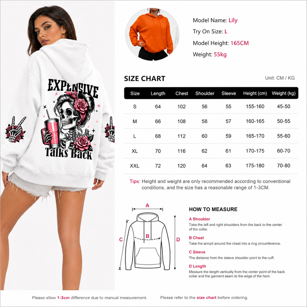 White hoodie with graphic design worn by a model, size chart, and measurement guide on a white background