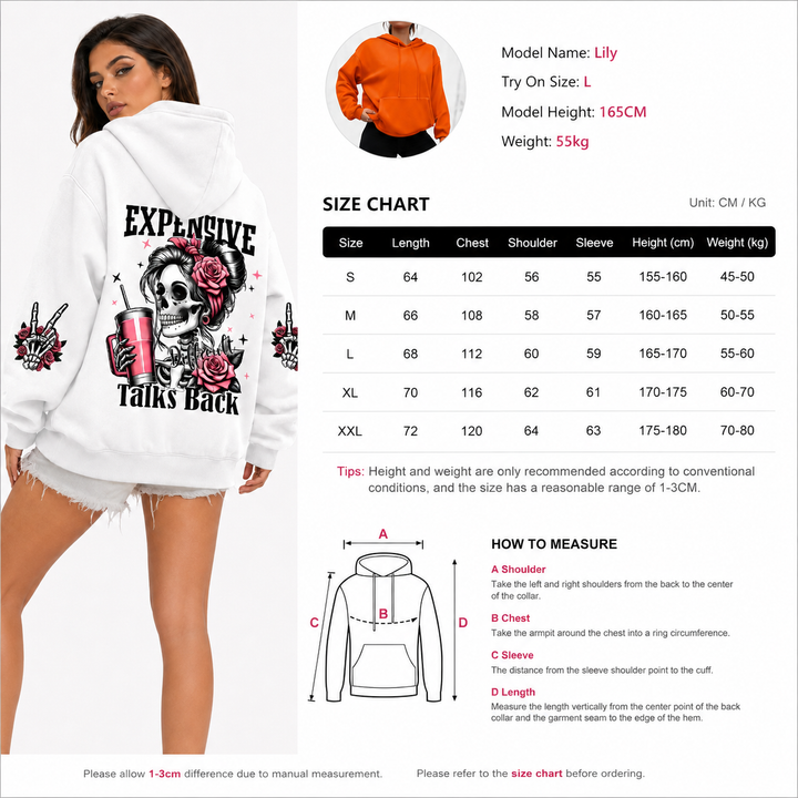 White hoodie with graphic design worn by a model, size chart, and measurement guide on a white background