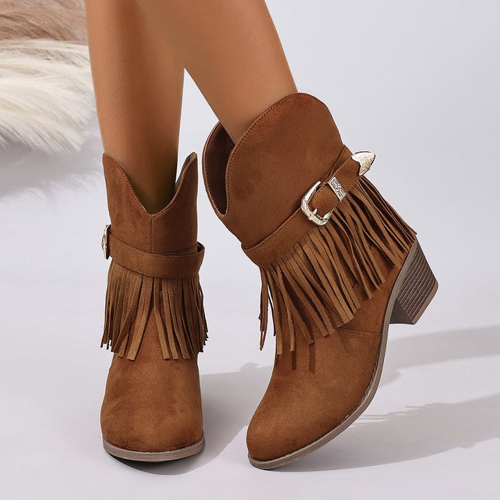 Short western boots women in Black suede with fringe, round toe and low chunky heel, shown for product detail reference view.