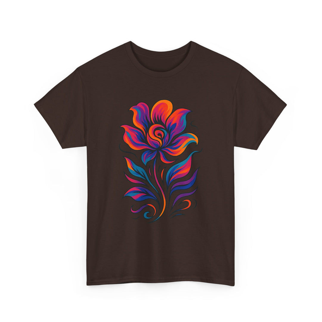 Front view of a unisex floral tee with clean fit and bold botanical print