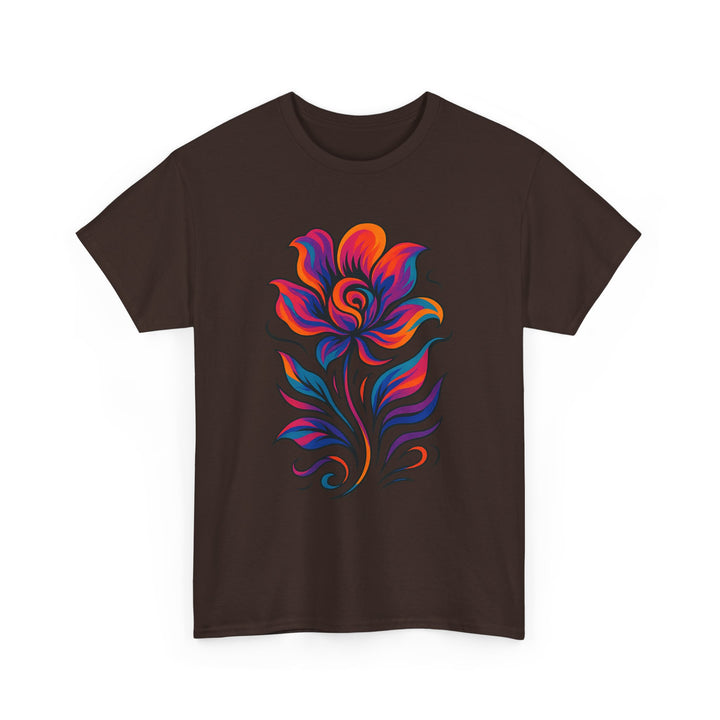 Front view of a unisex floral tee with clean fit and bold botanical print