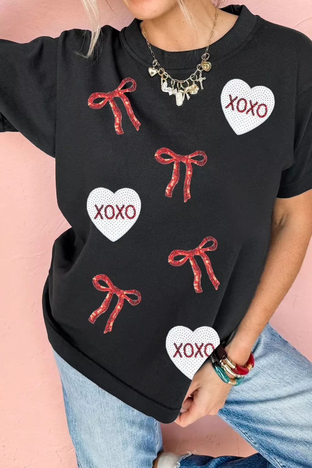 loose fit sequin heart t-shirt for women polyester cotton blend valentine's day casual wear
