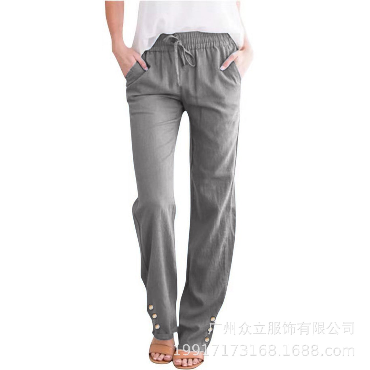 Women’s Cotton Linen Wide-Leg Trousers–Drawstring Pants