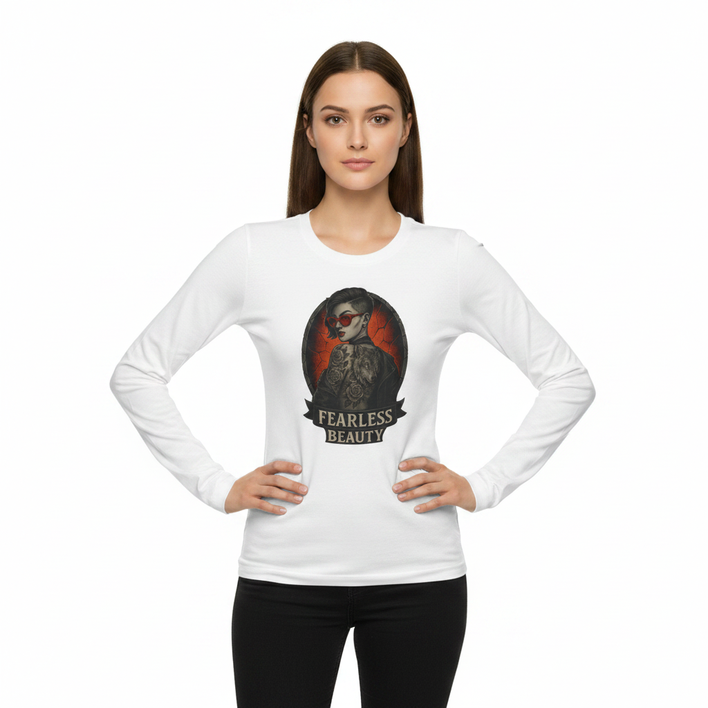 White unisex long sleeve graphic tee with Fearless Beauty artwork, ribbed cuffs, and vintage cotton streetwear style