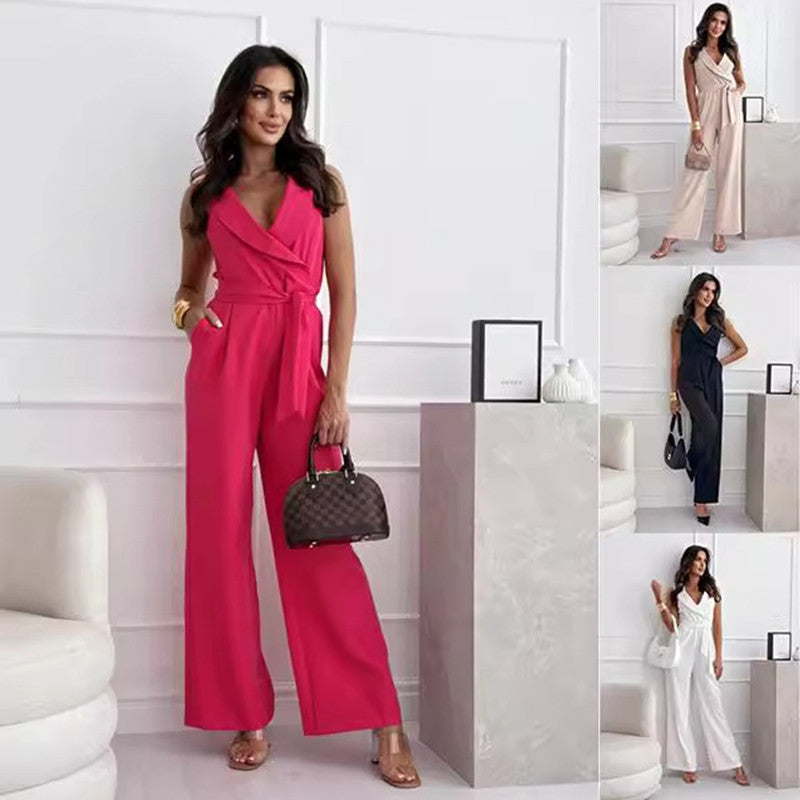 V-Neck Sleeveless Jumpsuit - Belted Summer Ease & Chic.