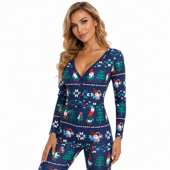 Christmas printed jumpsuit for women in dark blue with fitted legs, regular sleeves and cheerful seasonal pattern details