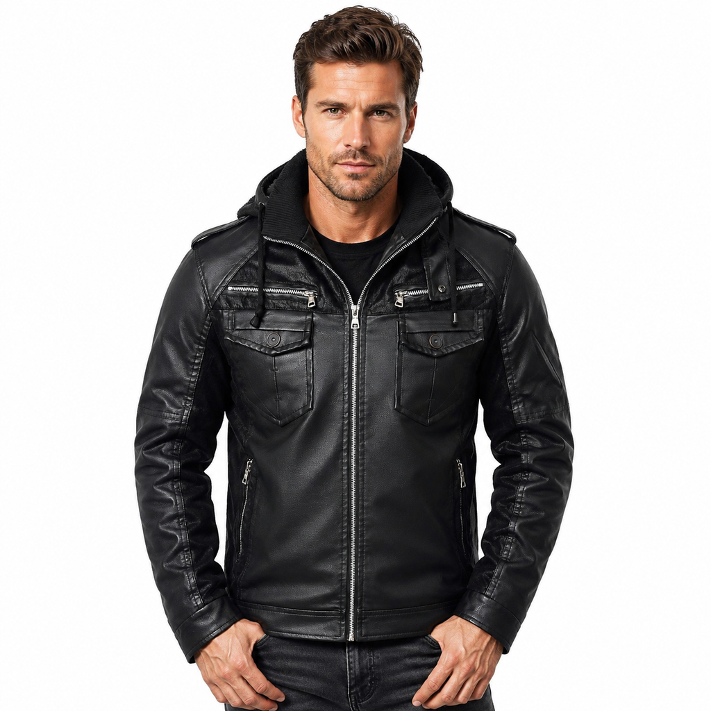 Black Leather Jacket with Hoodie Men Winter