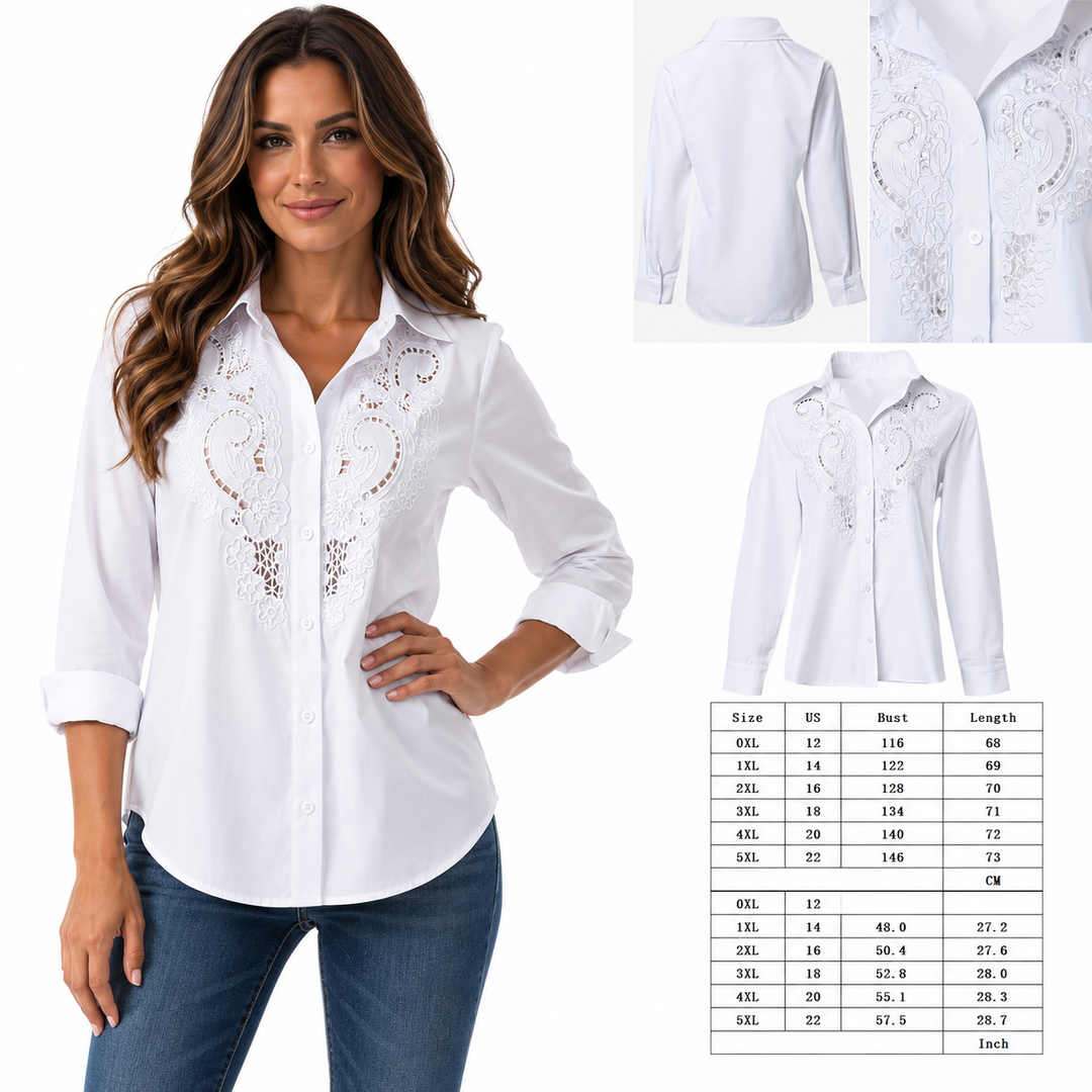 Versatile plus size shirt with embroidered detail, comfortable long sleeve coverage and elegant casual temperament for women.