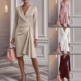 Slim Fit Pleated Dress – Long Sleeve V-Neck Midi