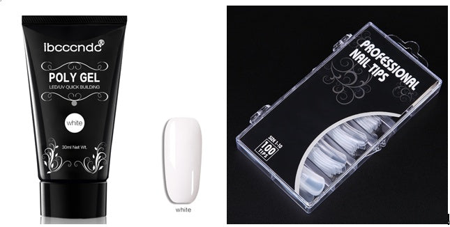 Iboccnd poly gel tube, white nail tip, and black box with &