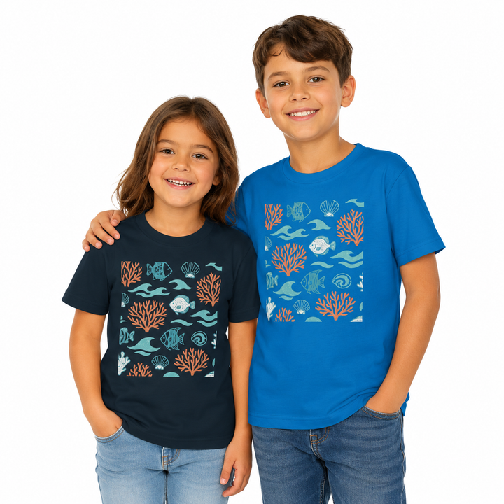 Kids ocean print t shirt with lightweight fabric feel and durable shape support for a cheerful summer look on beach walk days
