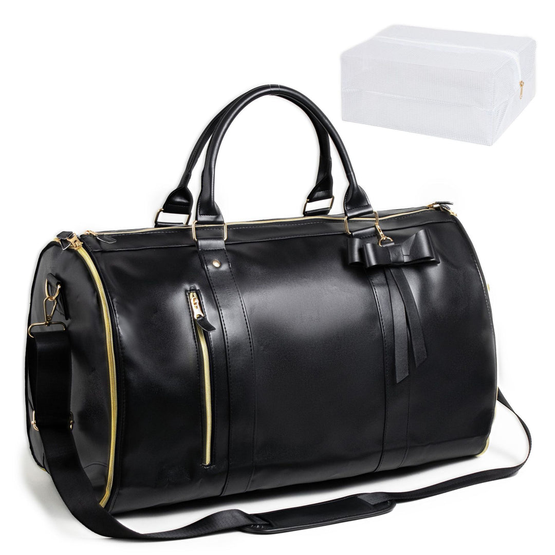 Travel luggage bag with adjustable strap, woven exterior detail and zipper closure for business trips and organized carrying.