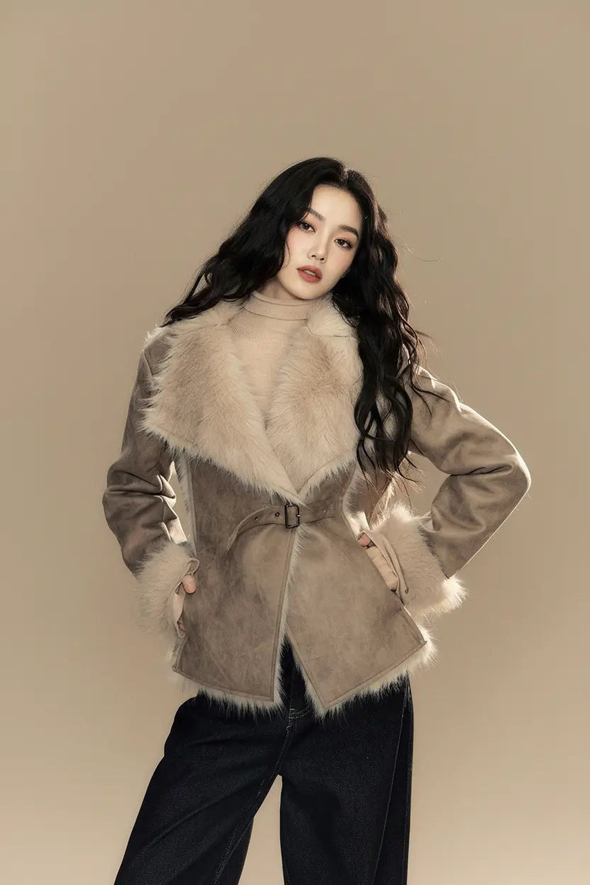 luxury winter coat women princess sleeve soft suede texture