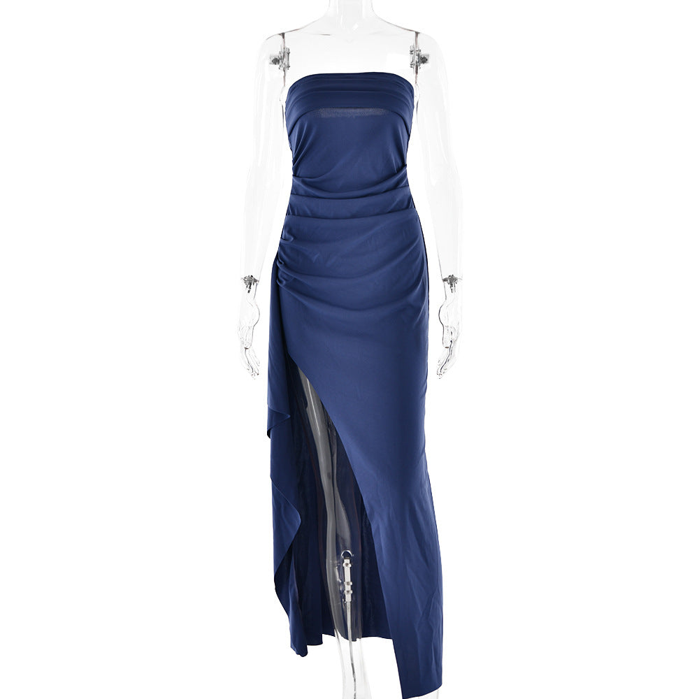 Strapless Pleated Maxi Dress Elegant Split Style Summer