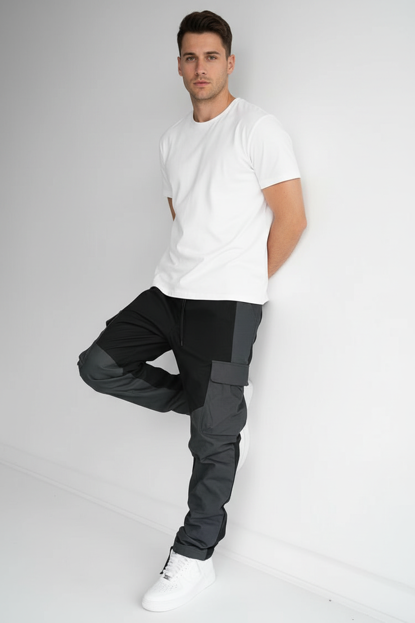 men's loose fit straight leg black trousers full length view mid waist casual urban outfit adult