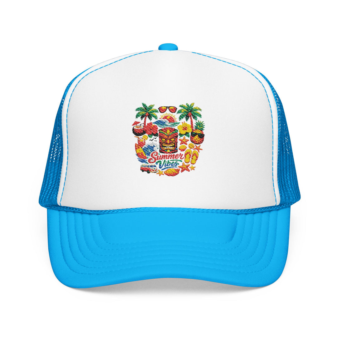 Premium casual trucker cap with detailed tropical print, strong panel construction, curved visor and adjustable fit.