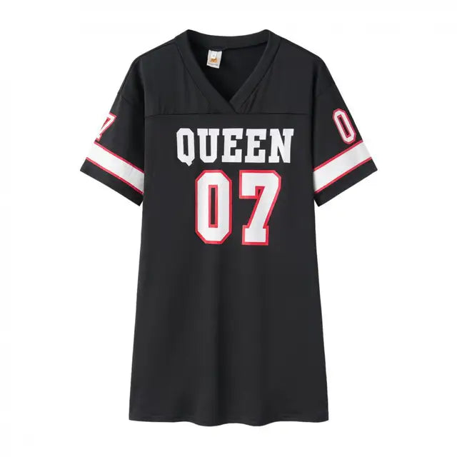 Product front view of the black QUEEN 07 dress with V-neck, striped sleeves and front graphic.