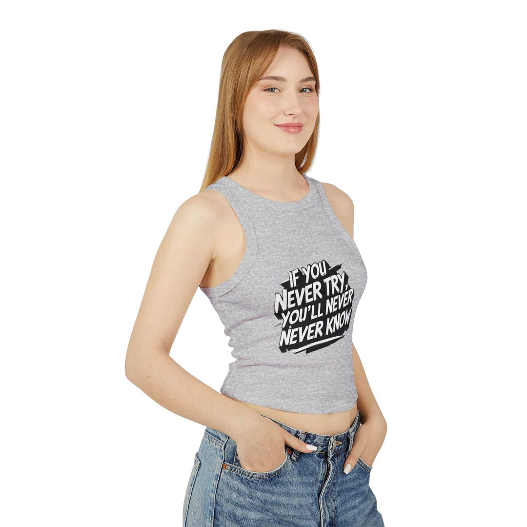 Gray women's motivational racer tank top with text