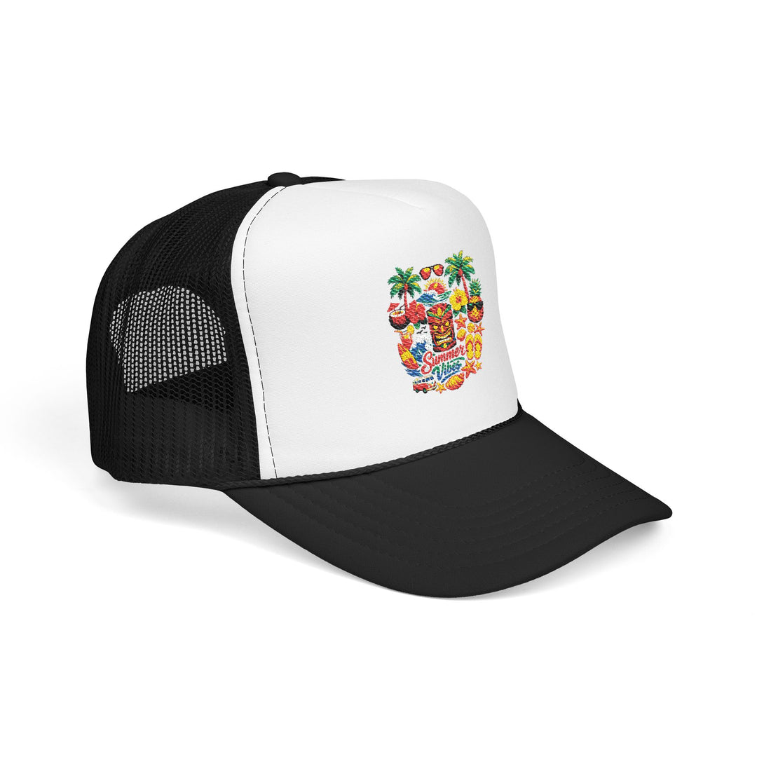 Unisex foam trucker cap on a male model with structured crown, precise graphic placement and polished retail finish.