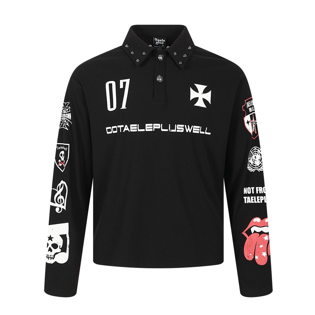 Front view of this black long sleeve collared top, showing the white chest cross, 07 print and red and white sleeve graphics.