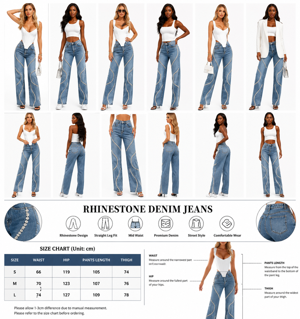 Women's street-style rhinestone jeans in blue cotton denim, cut with a mid-rise waist and straight legs in sizes S, M, and L.

