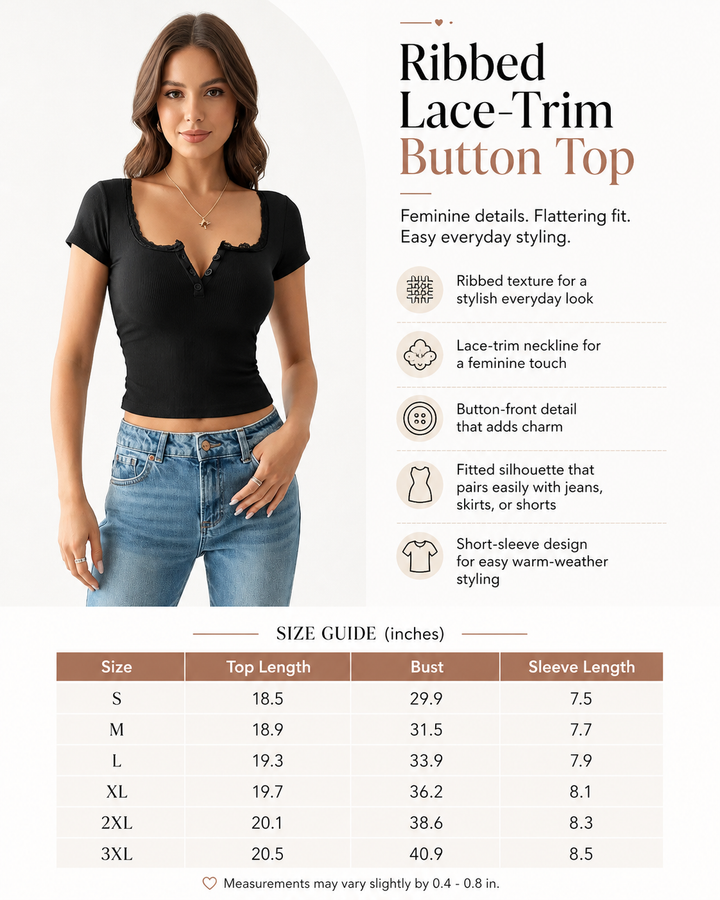 A woman modeling a ribbed lace-trim button-front short-sleeve top in a light gray studio-style layout with marketing text and a size guide table below. The product being sold is the top, not the jeans or the model.