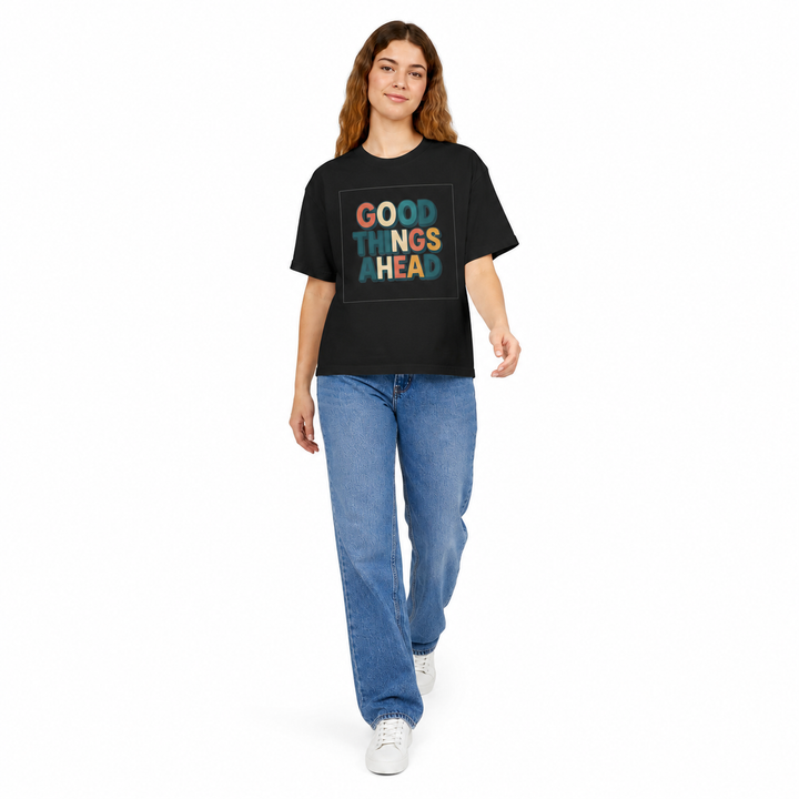 Boxy graphic t shirt for women made from 100 percent combed cotton with durable feel and easy everyday styling for casual use
