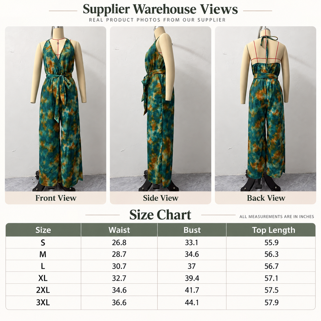 A product information graphic showing a sleeveless jumpsuit on mannequins from front, side, and back views, with a size chart table below listing waist, bust, and top length measurements by size.