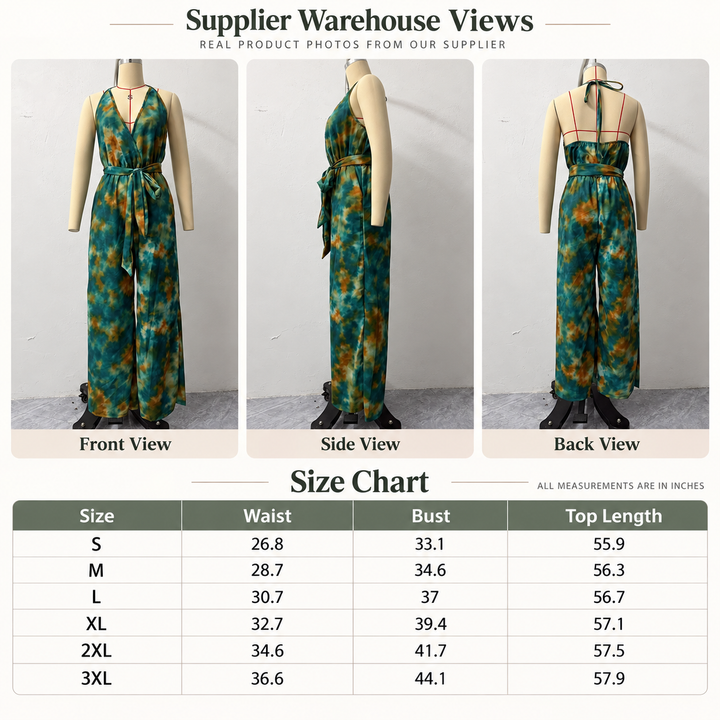 A product information graphic showing a sleeveless jumpsuit on mannequins from front, side, and back views, with a size chart table below listing waist, bust, and top length measurements by size.