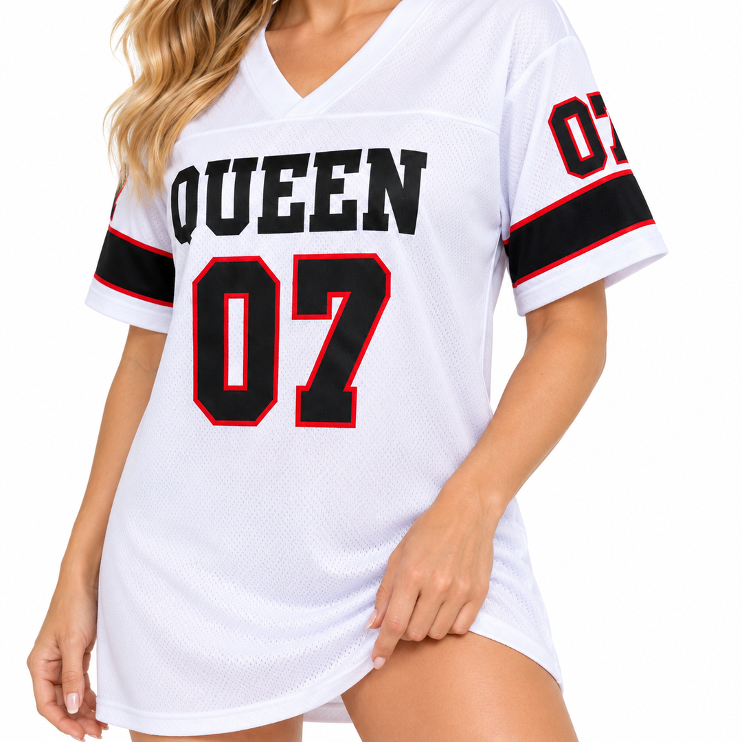White QUEEN 07 V-neck dress on a model showing short striped sleeves and bold front graphic.