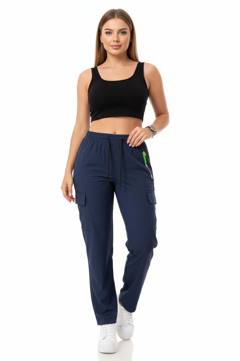 Model styling retro cargo-inspired pants with a cropped jacket and simple accessories